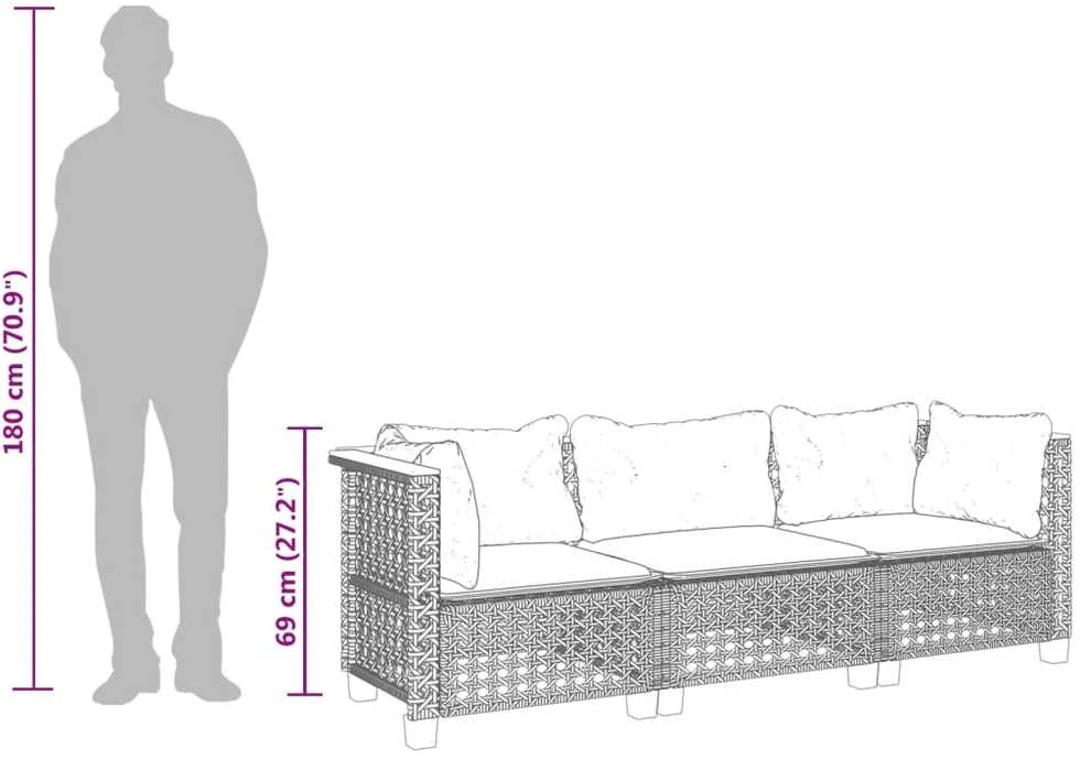 Trivietė sodo sofa su pagalvėlėmis, juodos spalvos, poliratanas