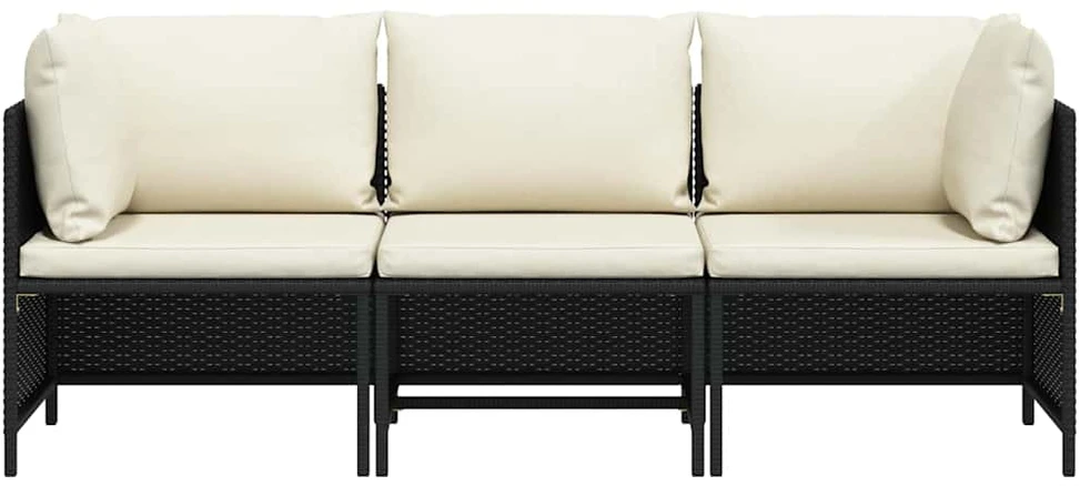 Trivietė sodo sofa su pagalvėlėmis, juodos spalvos, poliratanas
