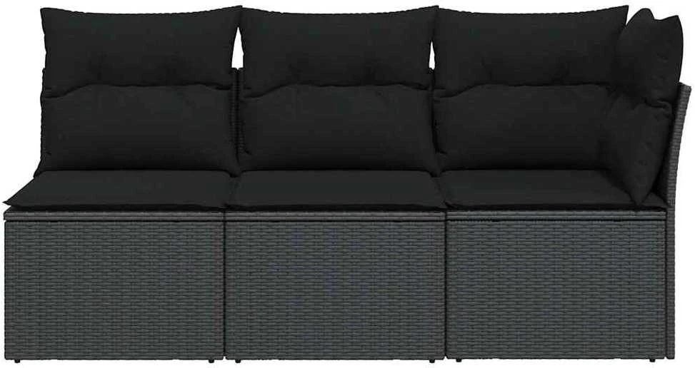 Trivietė sodo sofa su pagalvėlėmis, juodos spalvos, poliratanas