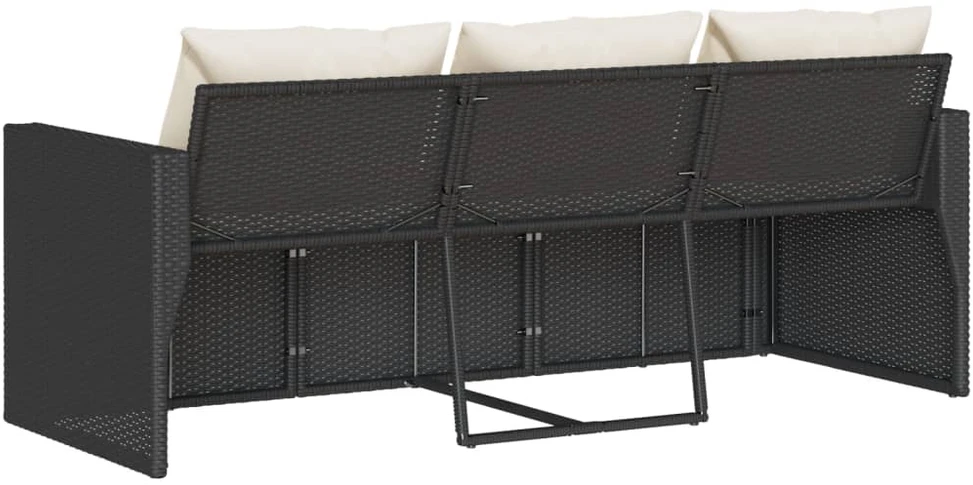 Trivietė sodo sofa su pagalvėlėmis, juodos spalvos, poliratanas
