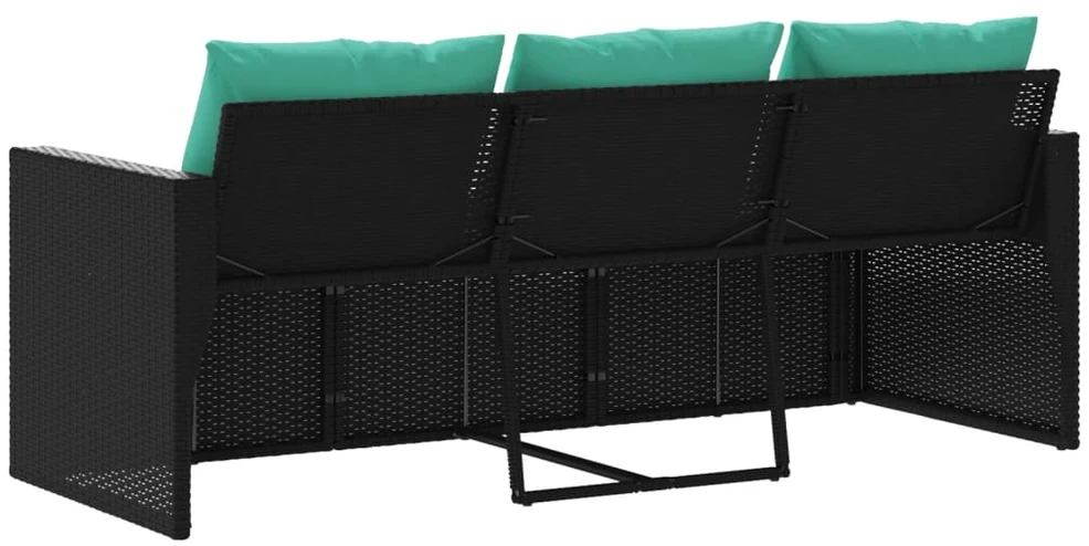 Trivietė sodo sofa su pagalvėlėmis, juodos spalvos, poliratanas