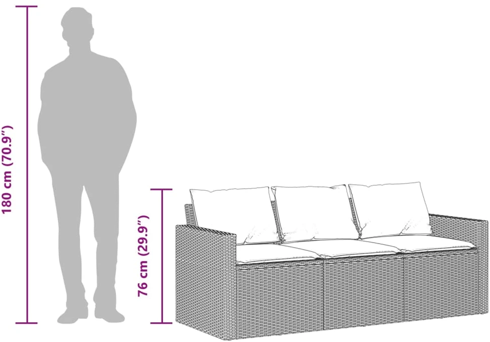 Trivietė sodo sofa su pagalvėlėmis, juodos spalvos, poliratanas