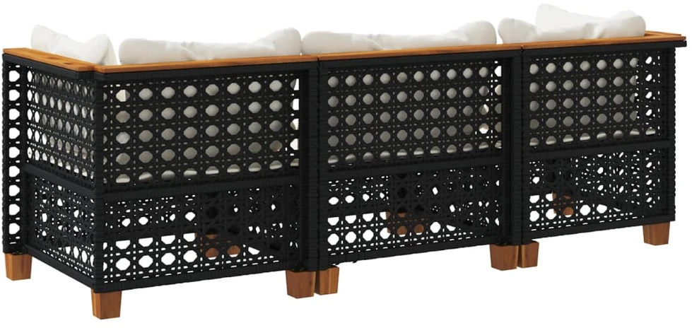Trivietė sodo sofa su pagalvėlėmis, juodos spalvos, poliratanas