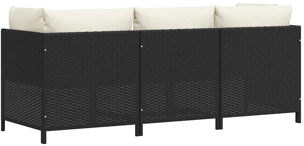 Trivietė sodo sofa su pagalvėlėmis, juodos spalvos, poliratanas