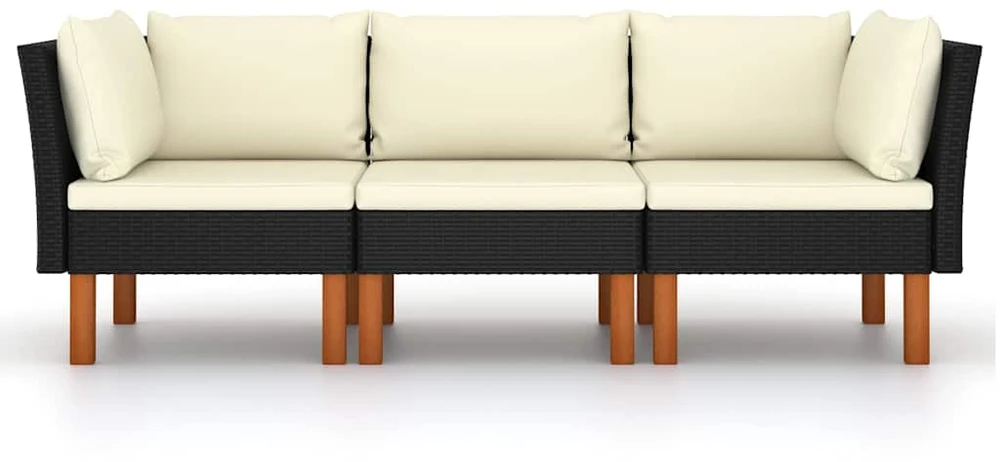 Trivietė sodo sofa su pagalvėlėmis, juodos spalvos, poliratanas