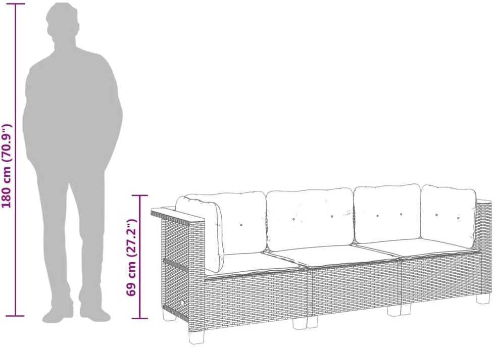 Trivietė sodo sofa su pagalvėlėmis, juodos spalvos, poliratanas