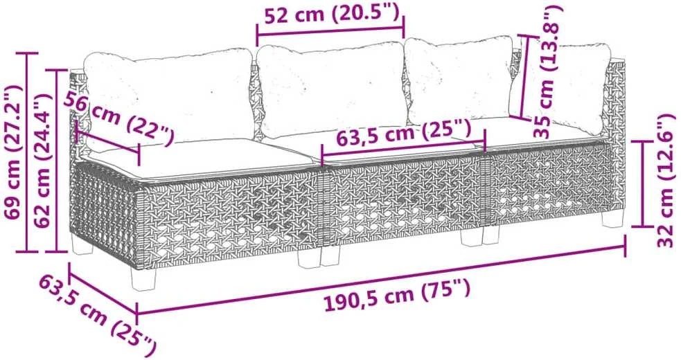 Trivietė sodo sofa su pagalvėlėmis, juodos spalvos, poliratanas