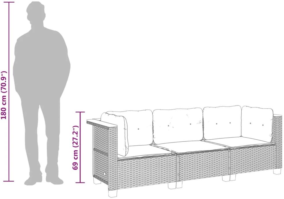 Trivietė sodo sofa su pagalvėlėmis, juodos spalvos, poliratanas