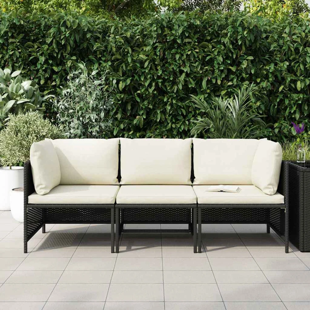 Trivietė sodo sofa su pagalvėlėmis, juodos spalvos, poliratanas