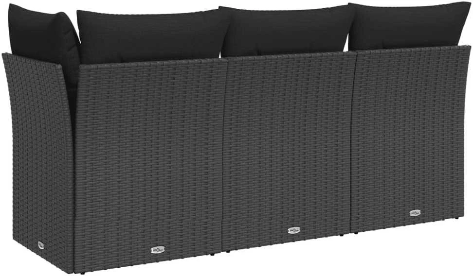 Trivietė sodo sofa su pagalvėlėmis, juodos spalvos, poliratanas