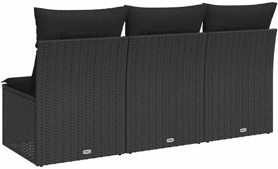Trivietė sodo sofa su pagalvėlėmis, juodos spalvos, poliratanas