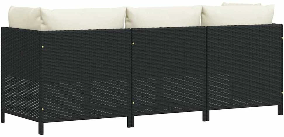Trivietė sodo sofa su pagalvėlėmis, juodos spalvos, poliratanas