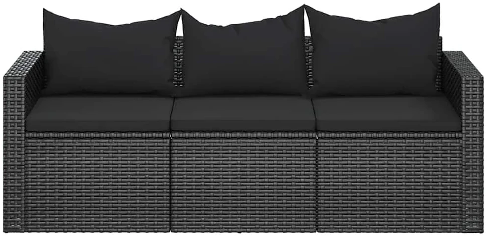 Trivietė sodo sofa su pagalvėlėmis, juodos spalvos, poliratanas
