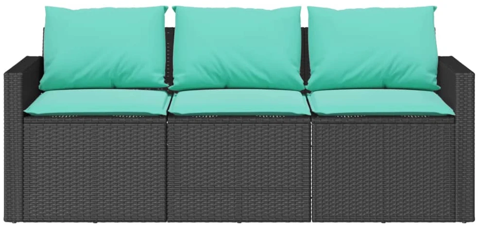 Trivietė sodo sofa su pagalvėlėmis, juodos spalvos, poliratanas