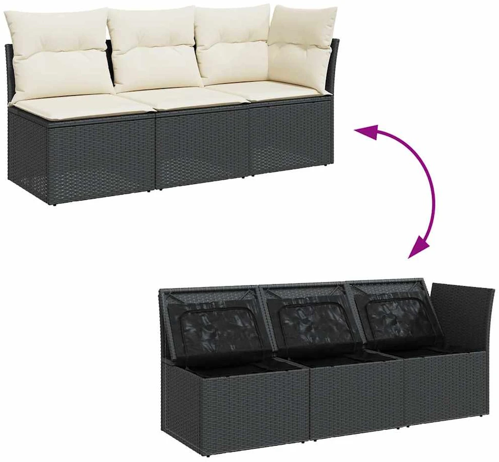 Trivietė sodo sofa su pagalvėlėmis, juodos spalvos, poliratanas