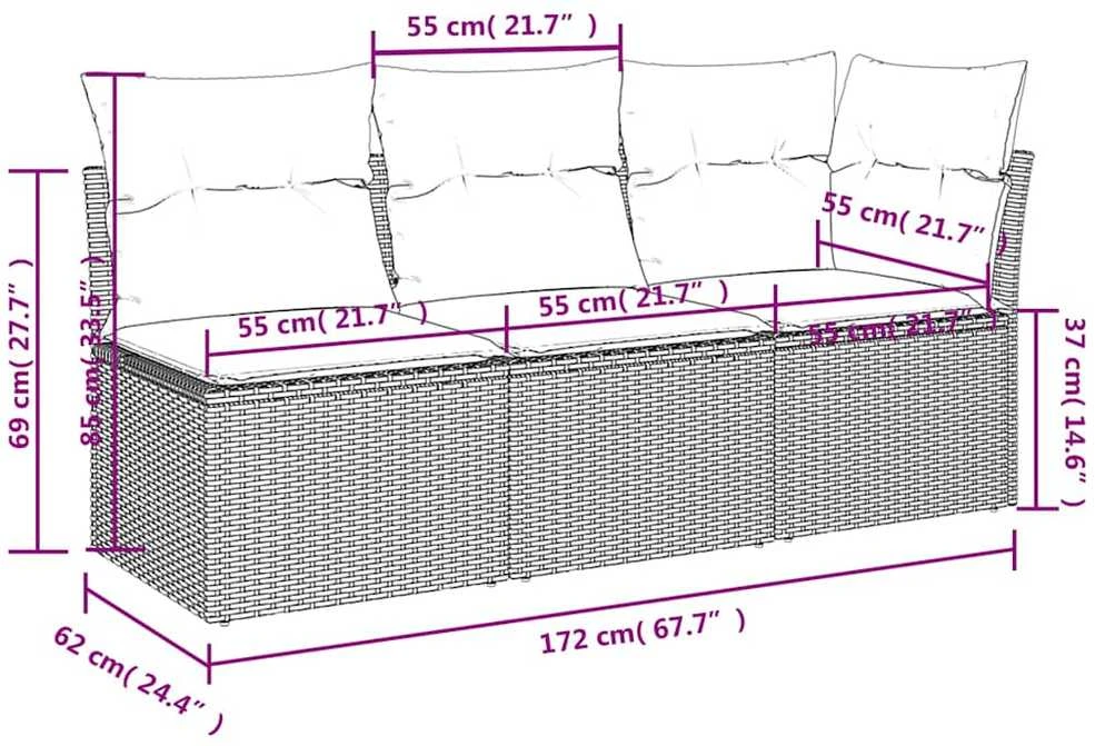 Trivietė sodo sofa su pagalvėlėmis, juodos spalvos, poliratanas