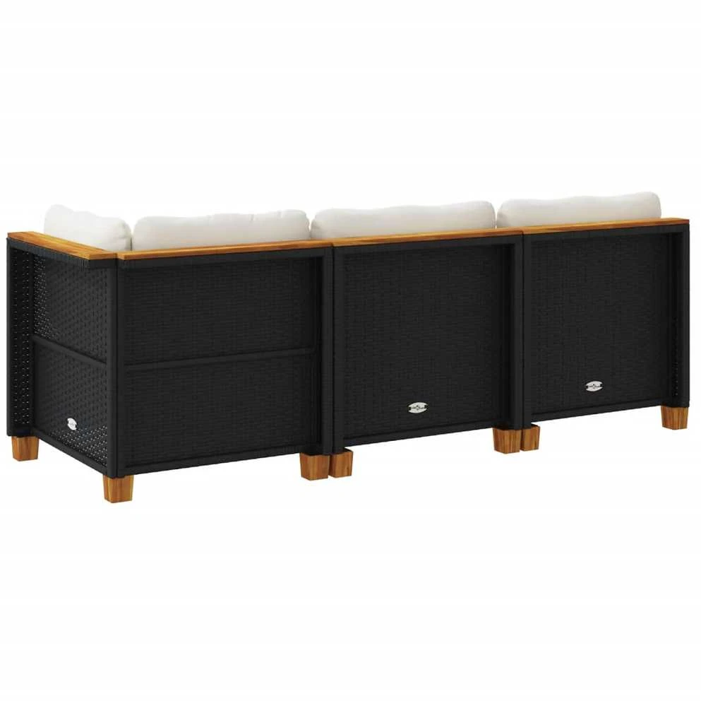 Trivietė sodo sofa su pagalvėlėmis, juodos spalvos, poliratanas