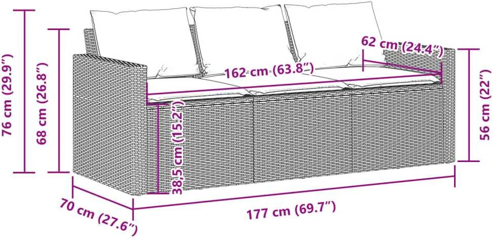 Trivietė sodo sofa su pagalvėlėmis, juodos spalvos, poliratanas