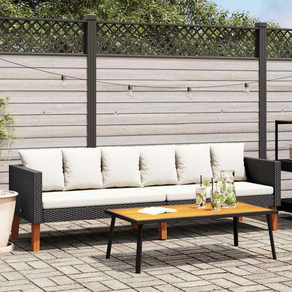 Trivietė sodo sofa su pagalvėlėmis, juodos spalvos, poliratanas