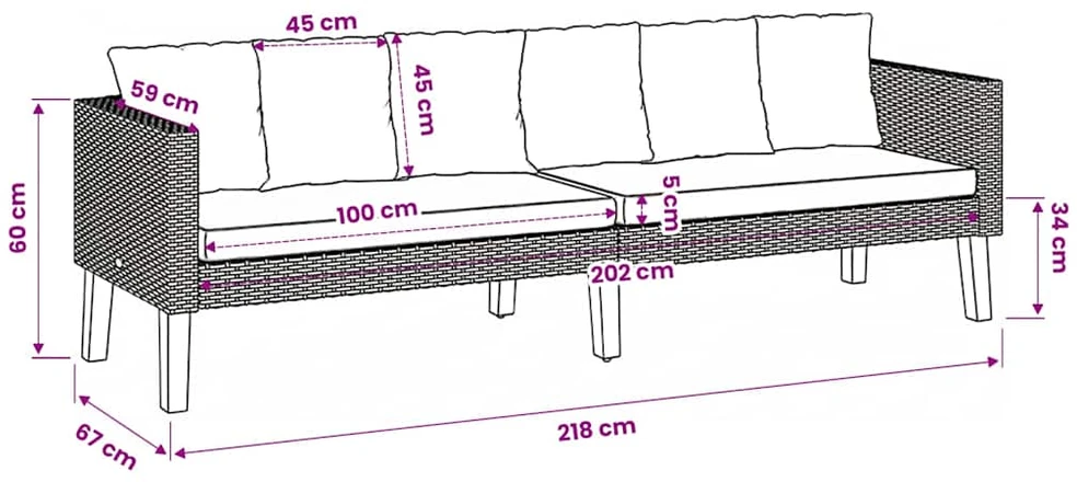 Trivietė sodo sofa su pagalvėlėmis, juodos spalvos, poliratanas