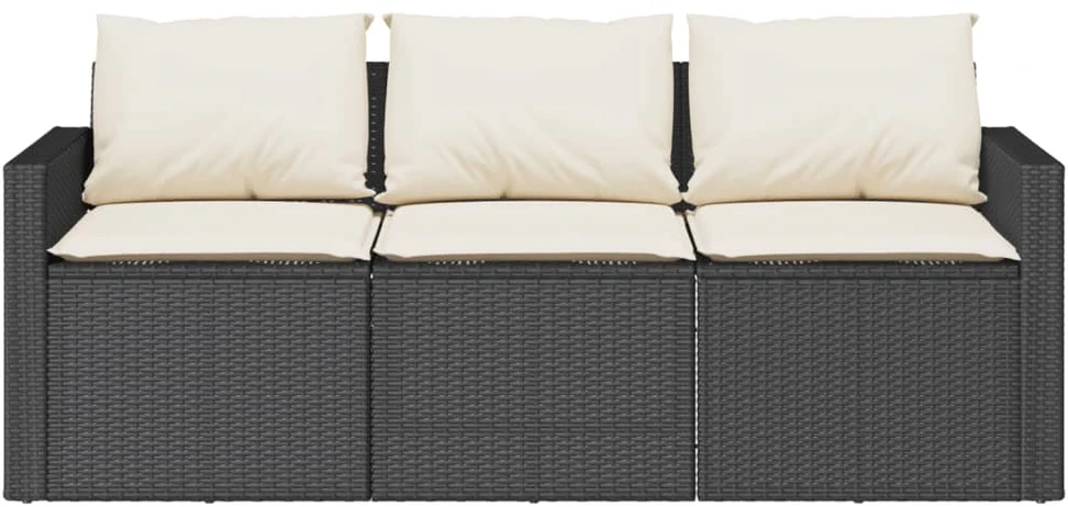 Trivietė sodo sofa su pagalvėlėmis, juodos spalvos, poliratanas