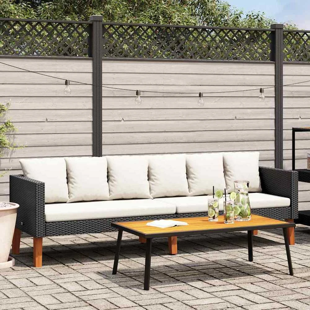 Trivietė sodo sofa su pagalvėlėmis, juodos spalvos, poliratanas