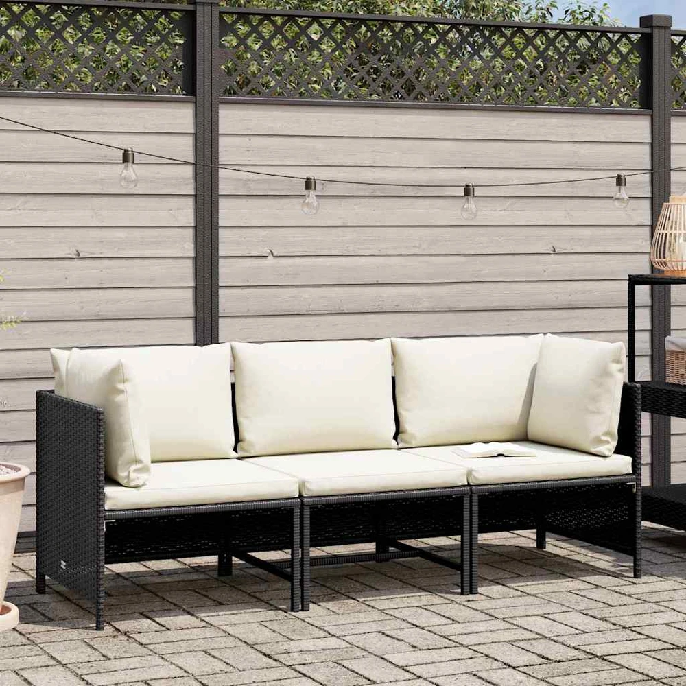 Trivietė sodo sofa su pagalvėlėmis, juodos spalvos, poliratanas
