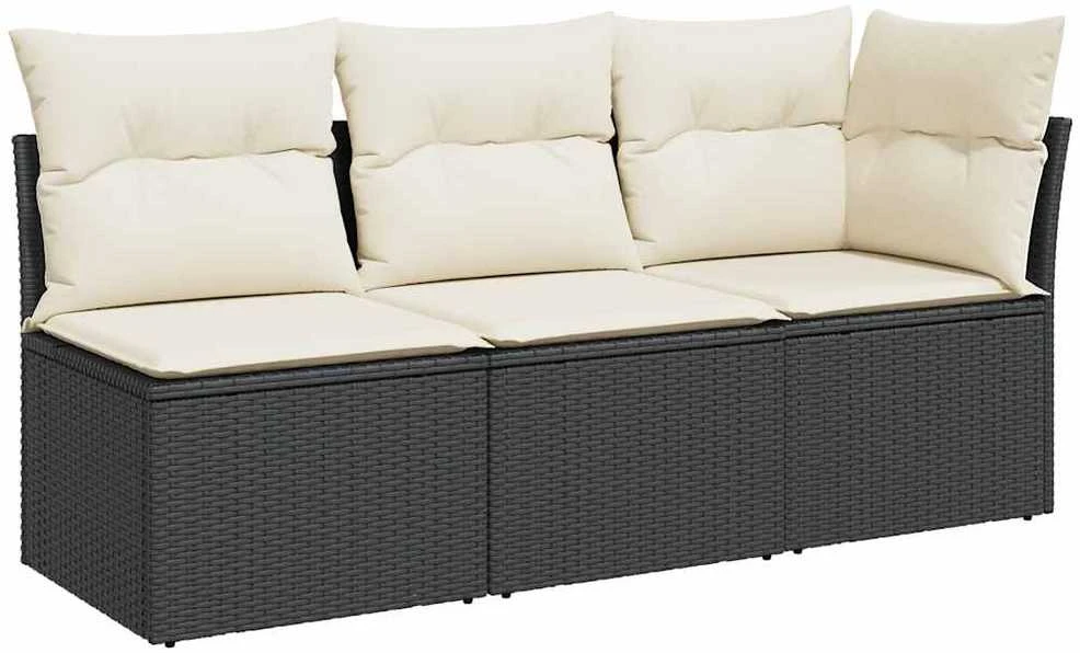 Trivietė sodo sofa su pagalvėlėmis, juodos spalvos, poliratanas