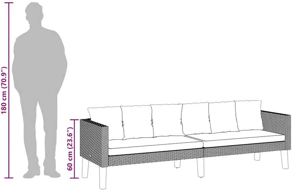 Trivietė sodo sofa su pagalvėlėmis, juodos spalvos, poliratanas