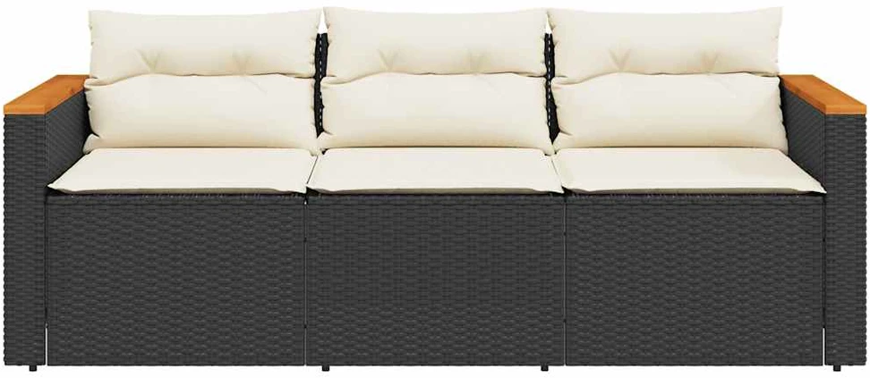 Trivietė sodo sofa su pagalvėlėmis, juodos spalvos, poliratanas