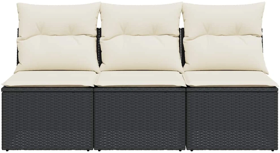 Trivietė sodo sofa su pagalvėlėmis, juodos spalvos, poliratanas