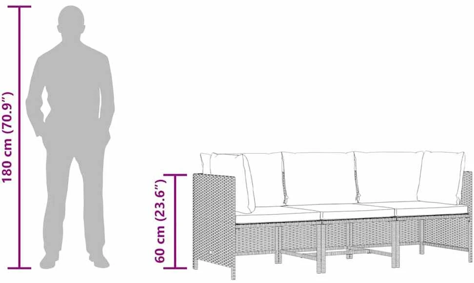 Trivietė sodo sofa su pagalvėlėmis, juodos spalvos, poliratanas