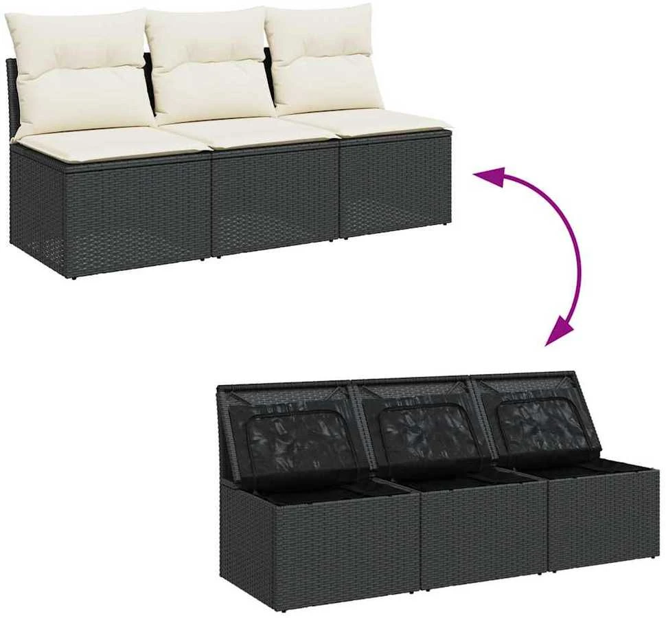Trivietė sodo sofa su pagalvėlėmis, juodos spalvos, poliratanas