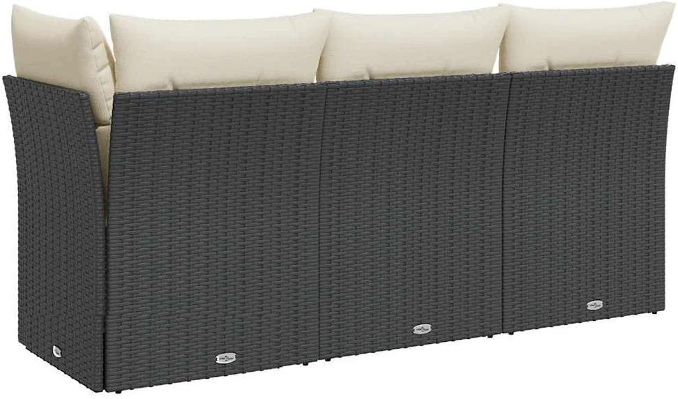 Trivietė sodo sofa su pagalvėlėmis, juodos spalvos, poliratanas