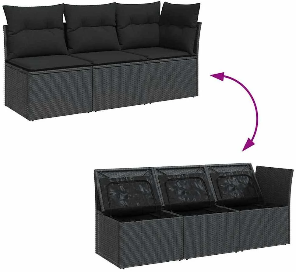 Trivietė sodo sofa su pagalvėlėmis, juodos spalvos, poliratanas
