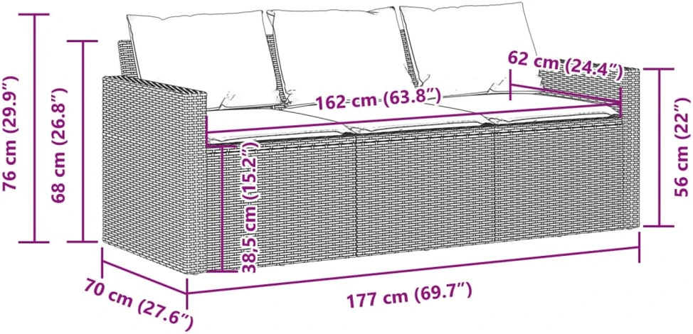 Trivietė sodo sofa su pagalvėlėmis, juodos spalvos, poliratanas