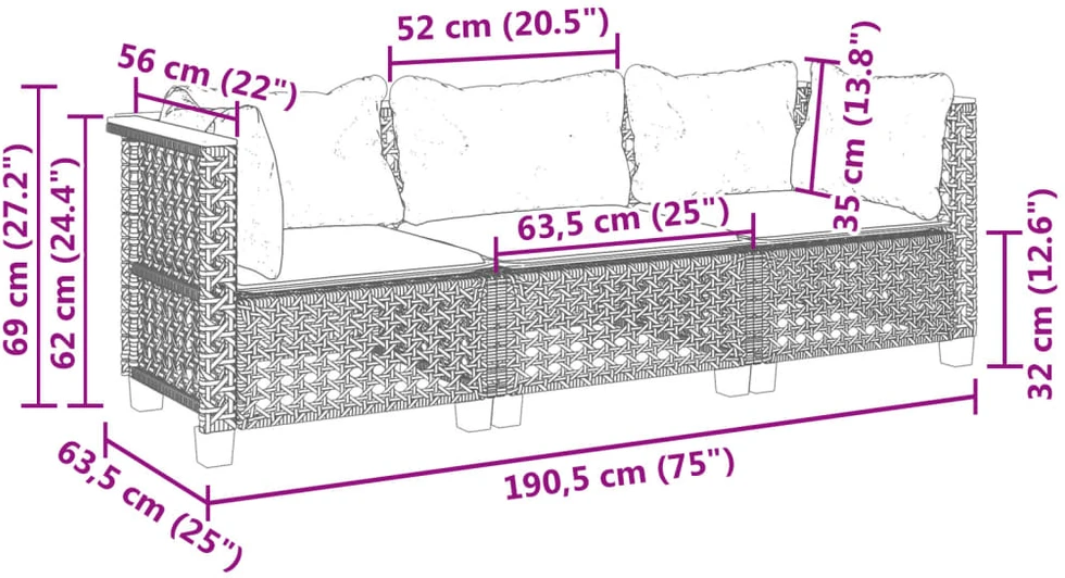 Trivietė sodo sofa su pagalvėlėmis, juodos spalvos, poliratanas