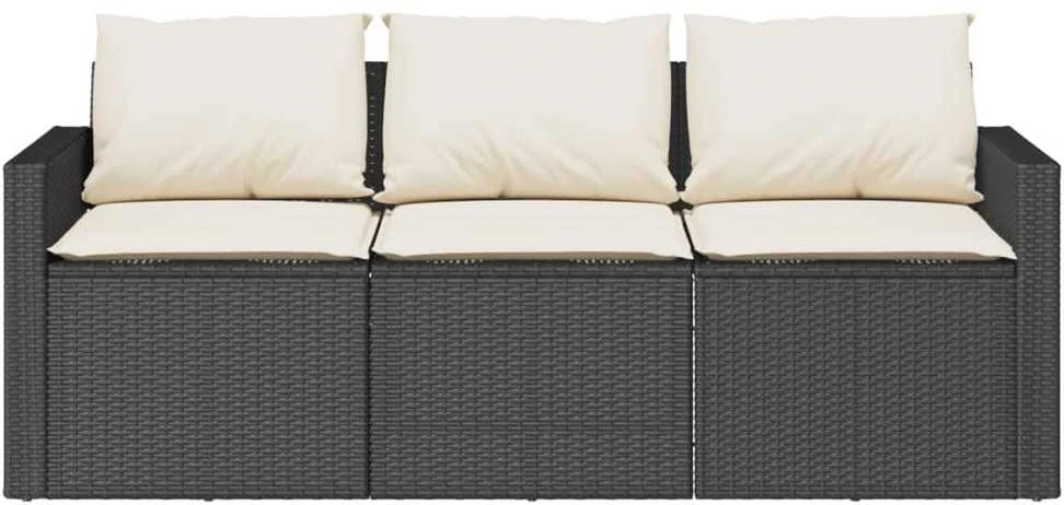 Trivietė sodo sofa su pagalvėlėmis, juodos spalvos, poliratanas