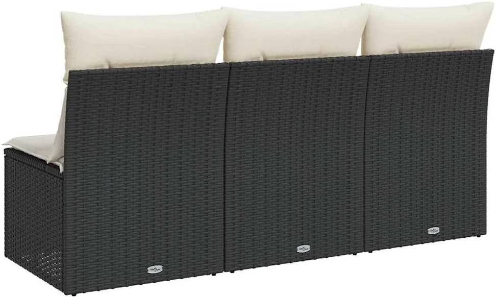 Trivietė sodo sofa su pagalvėlėmis, juodos spalvos, poliratanas