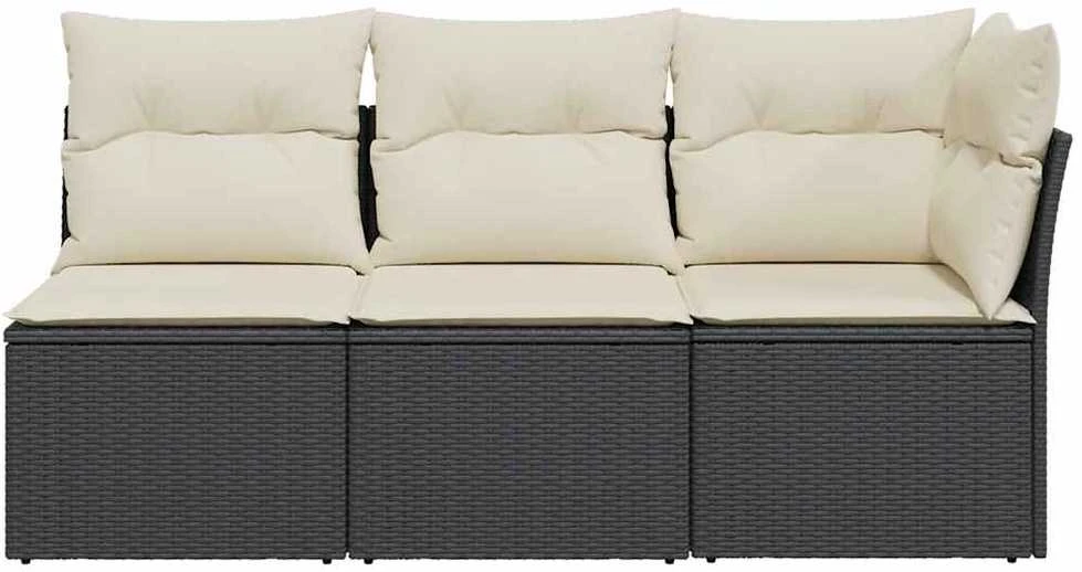 Trivietė sodo sofa su pagalvėlėmis, juodos spalvos, poliratanas
