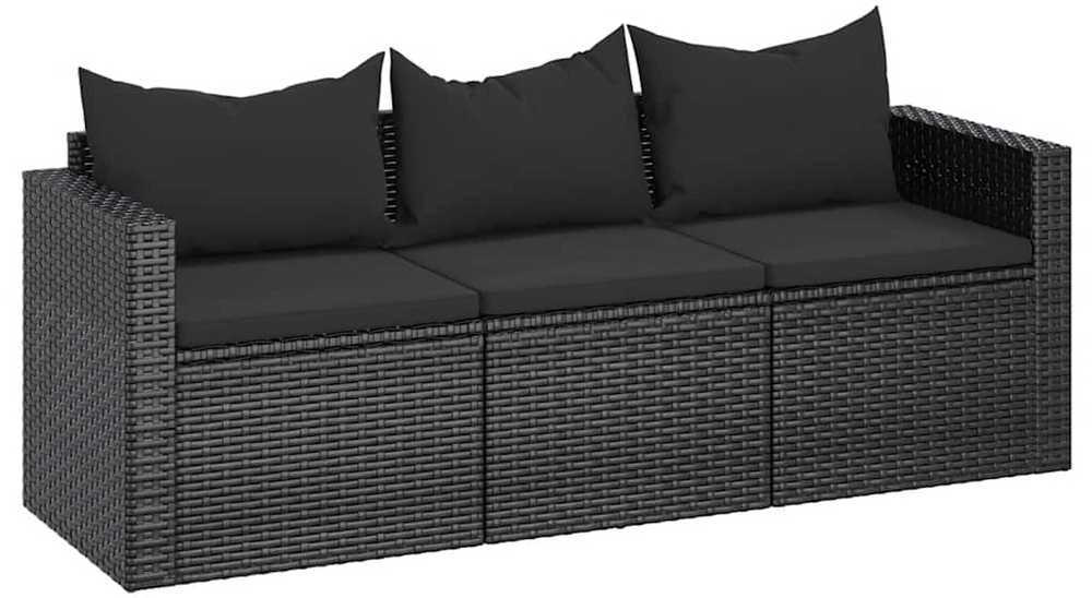 Trivietė sodo sofa su pagalvėlėmis, juodos spalvos, poliratanas