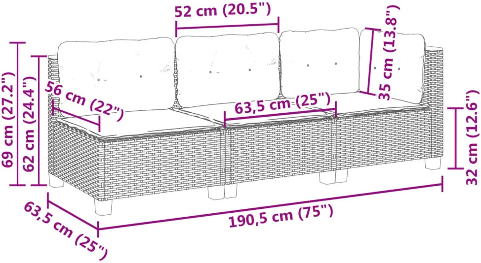 Trivietė sodo sofa su pagalvėlėmis, juodos spalvos, poliratanas
