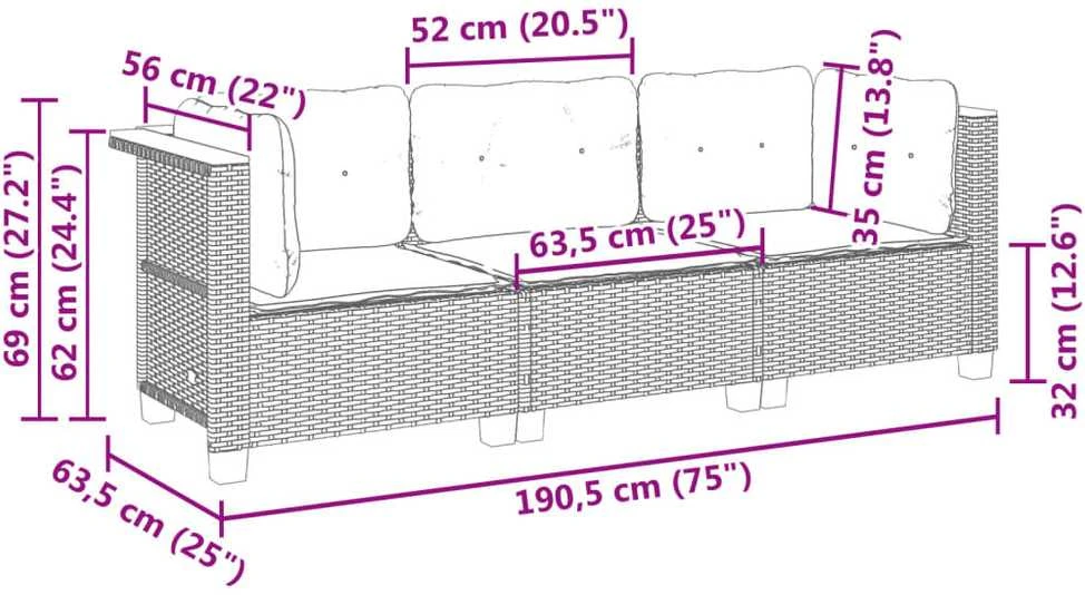 Trivietė sodo sofa su pagalvėlėmis, juodos spalvos, poliratanas