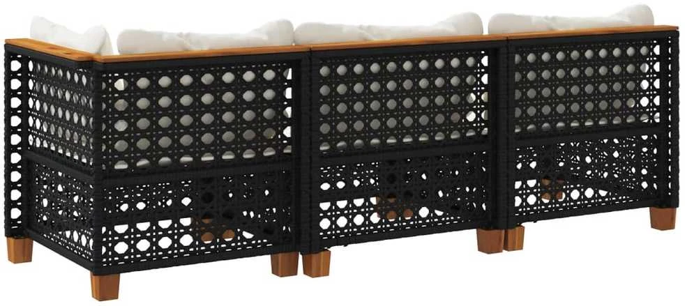 Trivietė sodo sofa su pagalvėlėmis, juodos spalvos, poliratanas