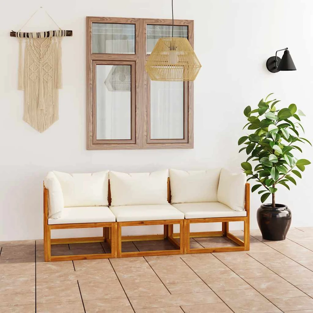 Trivietė sodo sofa su pagalvėlėmis, kreminė, akacijos masyvas
