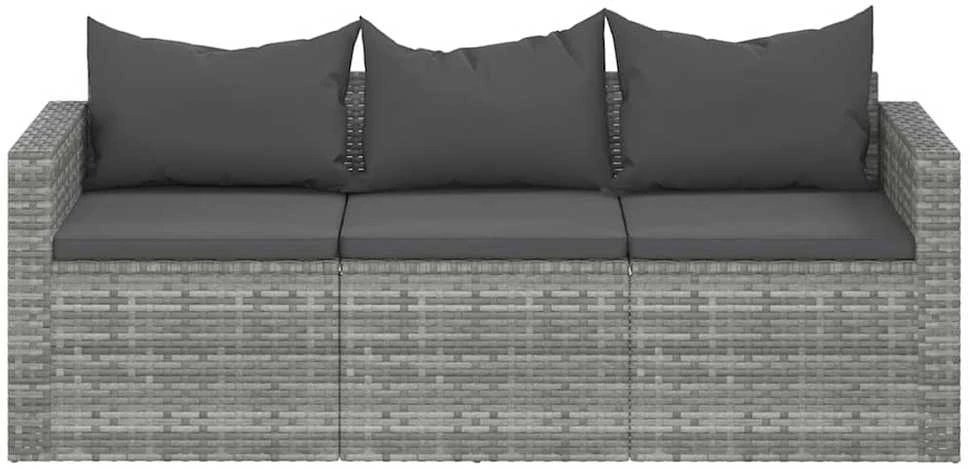 Trivietė sodo sofa su pagalvėlėmis, pilkos spalvos, poliratanas