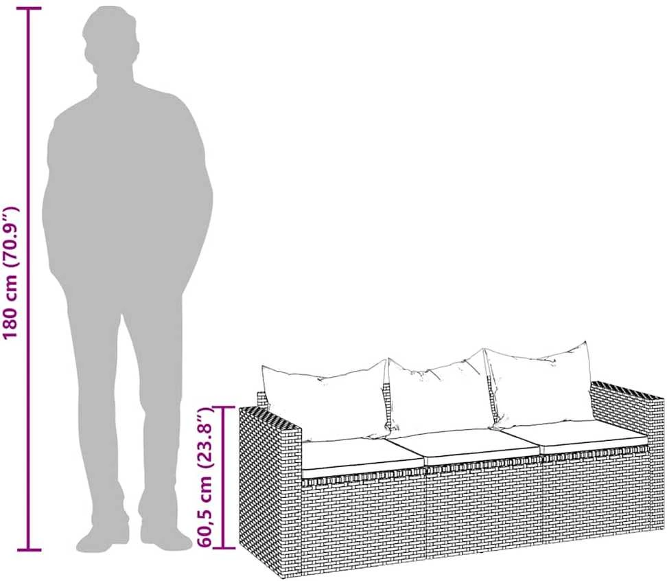 Trivietė sodo sofa su pagalvėlėmis, pilkos spalvos, poliratanas