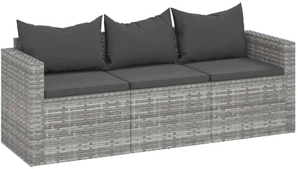Trivietė sodo sofa su pagalvėlėmis, pilkos spalvos, poliratanas
