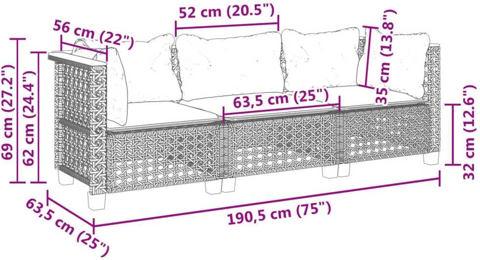 Trivietė sodo sofa su pagalvėlėmis, pilkos spalvos, poliratanas