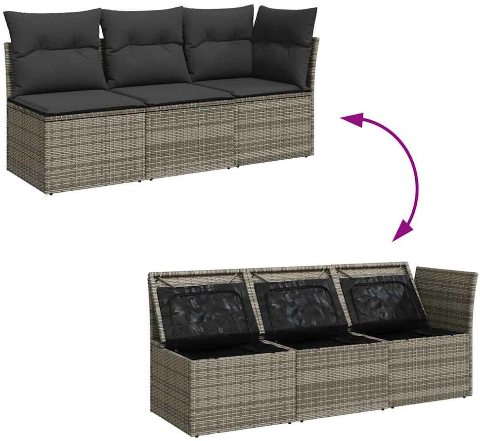 Trivietė sodo sofa su pagalvėlėmis, pilkos spalvos, poliratanas